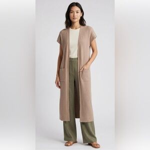 Tahari Extra Long Short Sleeve Knit Cardigan Light Brown XL